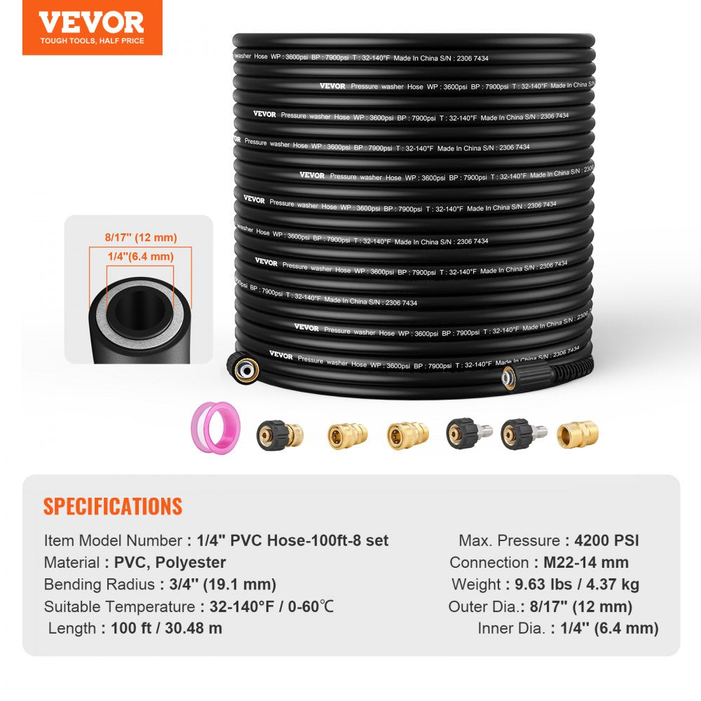 1/4" PVC Hose-100ft-8 set - Durable 100ft Kink-Resistant Pressure Washer Hose