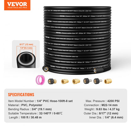 1/4" PVC Hose-100ft-8 set - Durable 100ft Kink-Resistant Pressure Washer Hose