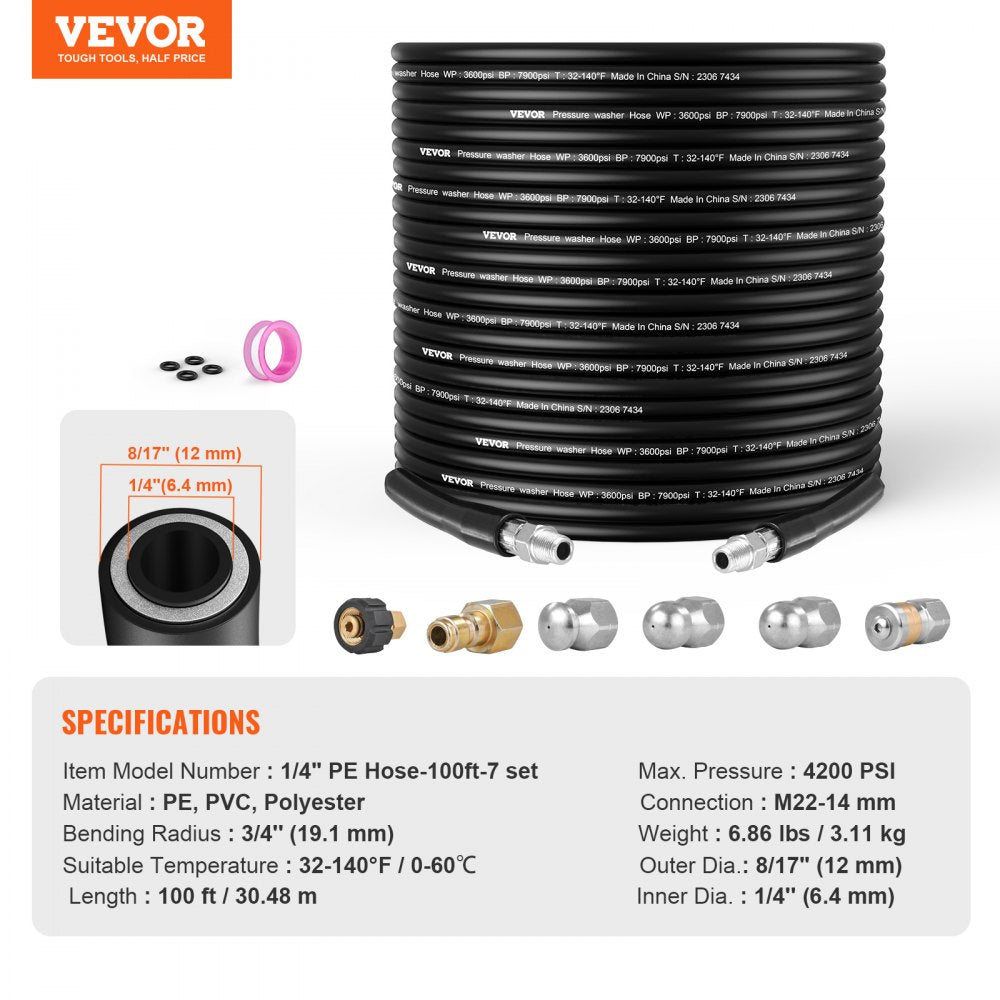 1/4" PE Hose-100ft-7 set - Durable 100ft Pressure Washer Hose with Kink Resistance