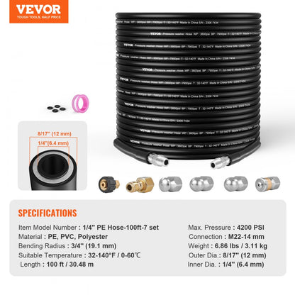 1/4" PE Hose-100ft-7 set - Durable 100ft Pressure Washer Hose with Kink Resistance