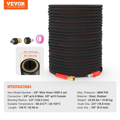 3/8" Wire Hose-100ft-3 set - 100ft VEVOR High-Pressure Washer Hose, 4800 PSI