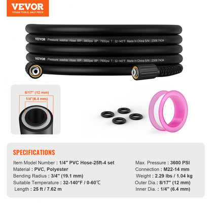 1/4" PVC Hose-25ft-4 set - Durable 25ft Kink-Free Pressure Washer Hose