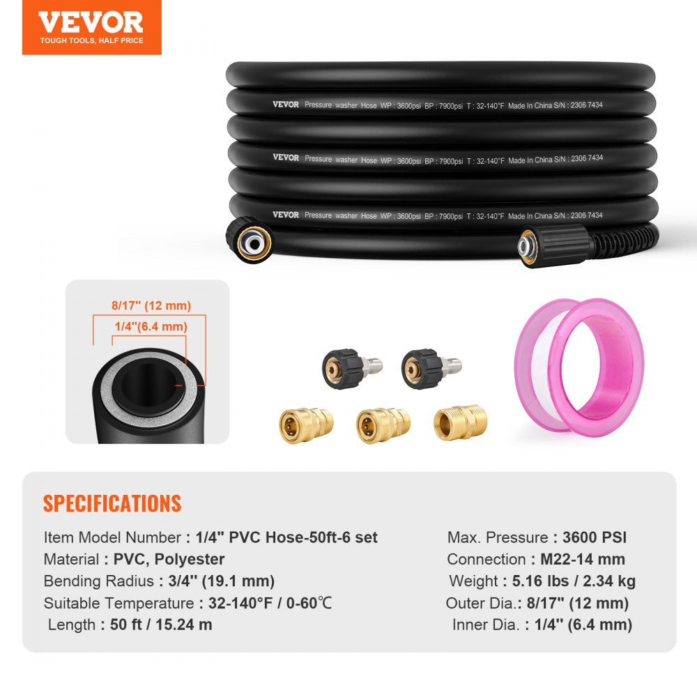 1/4" PVC Hose-50ft-6 set - Durable Kink-Free Pressure Washer Hose with M22-14mm Connector