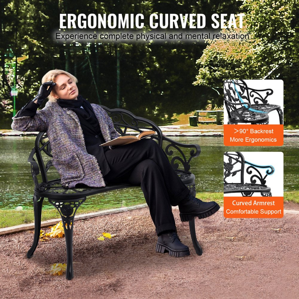 XG1002 - Elegant 39" Metal Garden Bench with Floral Design, 480 lbs Capacity