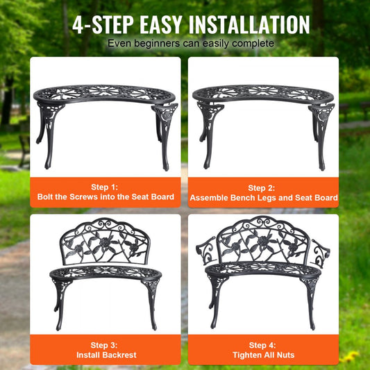 XG1002 - Elegant 39" Metal Garden Bench with Floral Design, 480 lbs Capacity