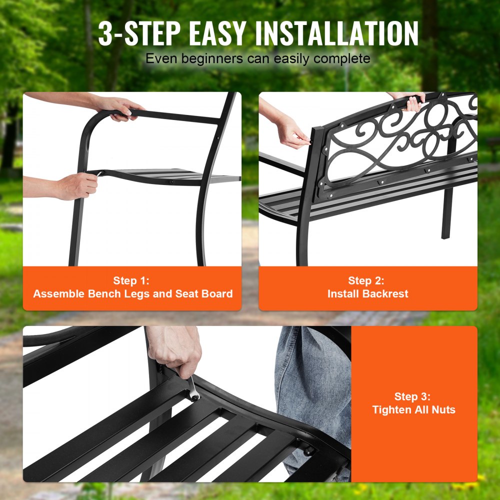 wkl776 - 50" Metal Garden Bench for 1-3 People, Supports 550 lbs