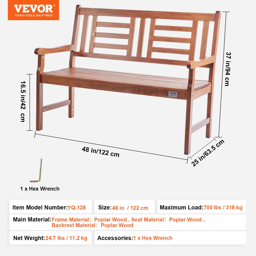 YQ-128 - 48" Solid Wood Outdoor Bench, 700 lbs Capacity, Quick Assembly