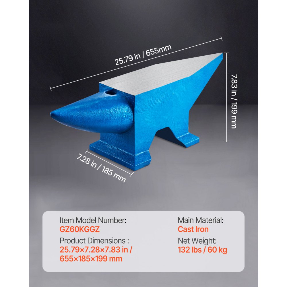 010573786103 - 132Lbs Cast Steel Single Horn Anvil for Metalworking