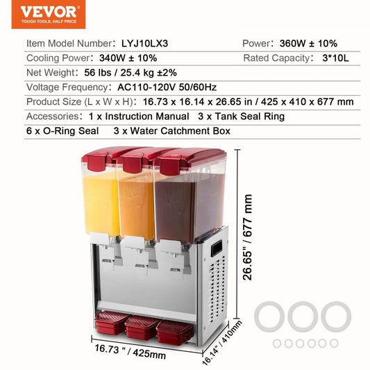 LYJ10LX3 - 10L Triple Tank Beverage Dispenser with Cooling and Stirring Features