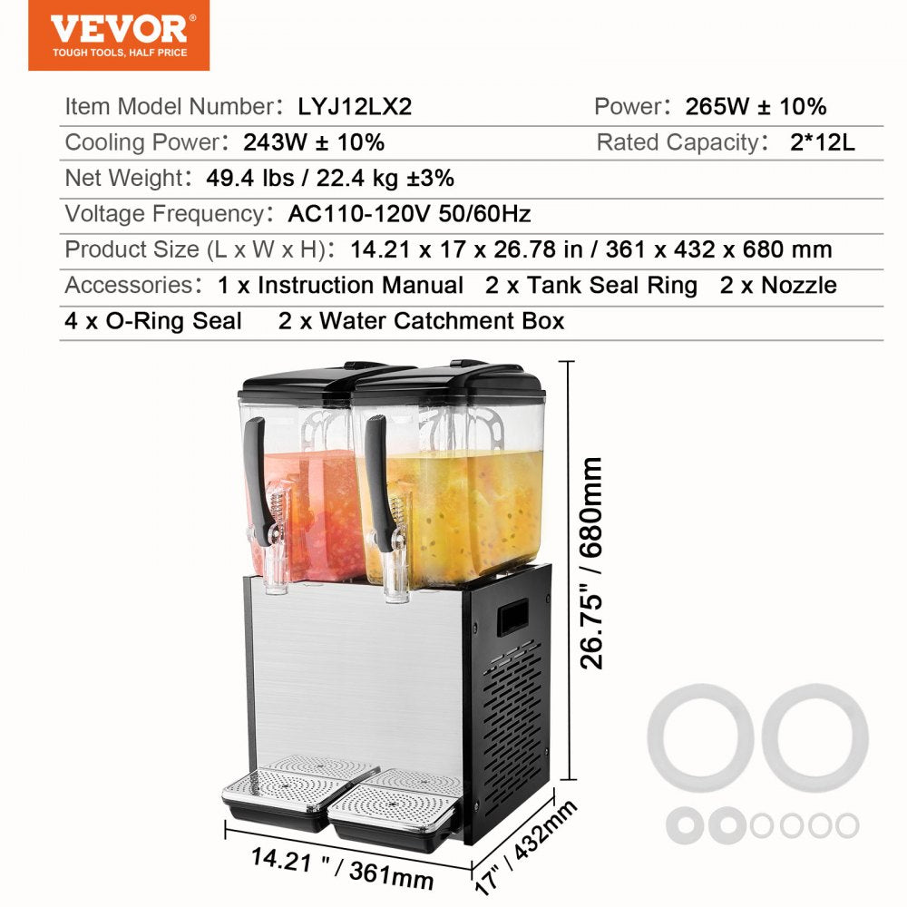 LYJ12LX2 - 12L VEVOR Beverage Dispenser for Juices & Cocktails, Two Tanks