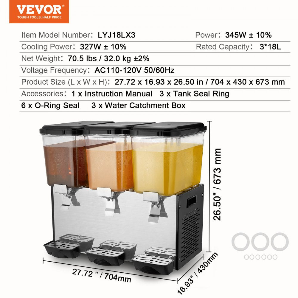 LYJ18LX3 - 18L VEVOR 3-Tank Commercial Cold Juice Dispenser