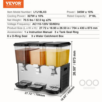 LYJ18LX3 - 18L VEVOR 3-Tank Commercial Cold Juice Dispenser