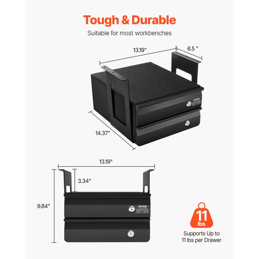 CT-3 - 2 Lockable Drawers Under-Desk Organizer with Steel Structure
