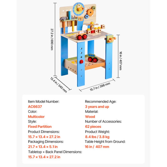 AC6637 - Durable Wooden Workbench Toy for Kids with Realistic Tools
