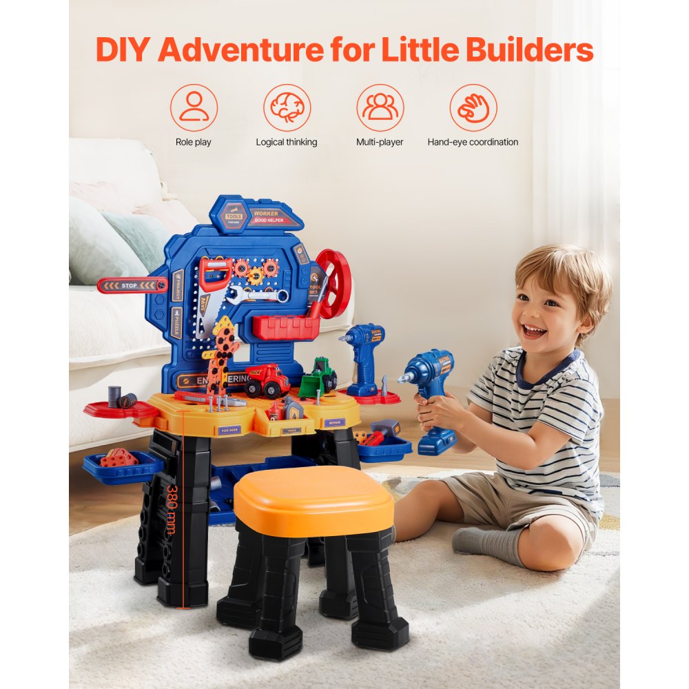 8031 - Kids 28" Creative Workbench with Tools and Colorful Blocks