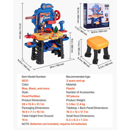 8031 - Kids 28" Creative Workbench with Tools and Colorful Blocks