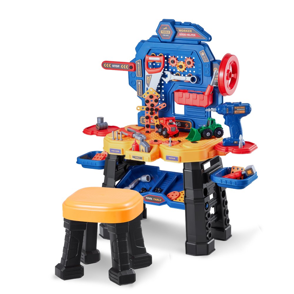 8031 - Kids 28" Creative Workbench with Tools and Colorful Blocks
