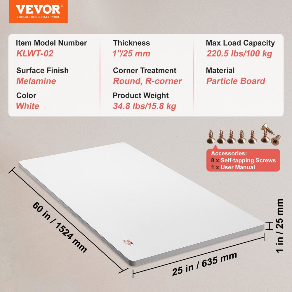 KLWT-02 - 60"x25" White Melamine Tabletop for Adjustable Standing Desks