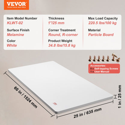 KLWT-02 - 60"x25" White Melamine Tabletop for Adjustable Standing Desks