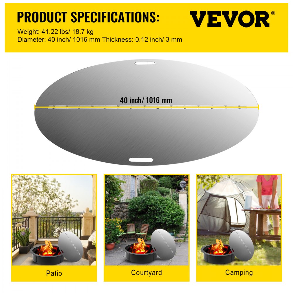 010690241516 - Durable 40" Stainless Steel Fire Pit Cover with Handle