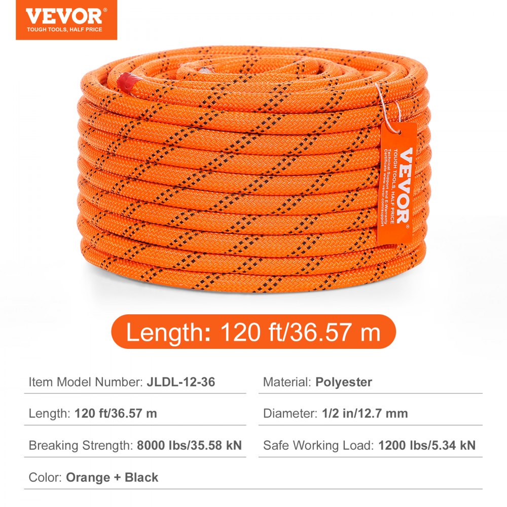 JLDL-12-36 - 1/2" x 120' Double Braided Polyester Rope, 8000 lbs Strength