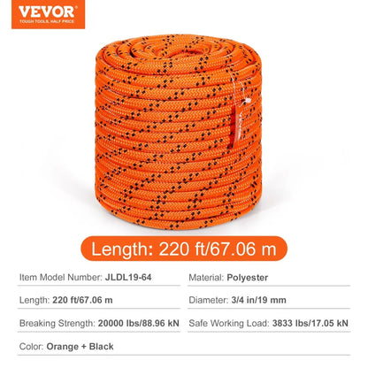 JLDL19-64 - 3/4" x 220ft Double Braided Polyester Rope, 20K LBS Strength