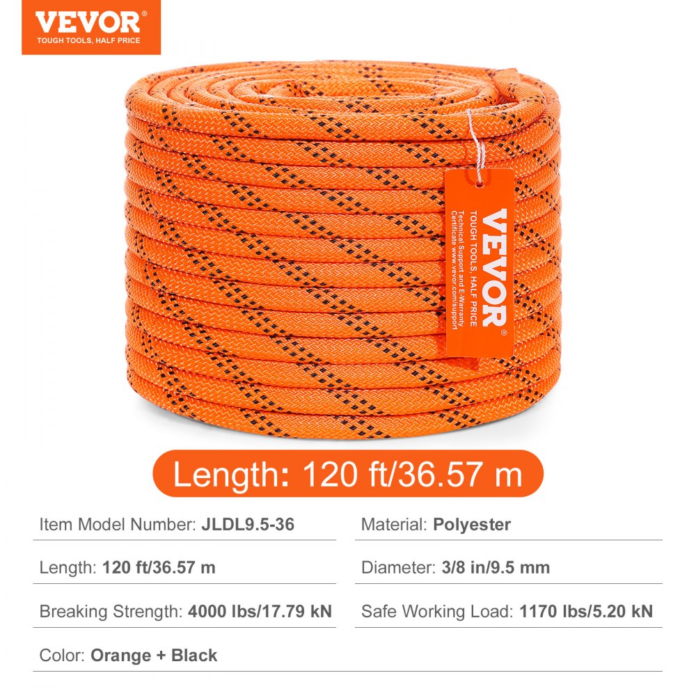 JLDL9.5-36 - 3/8" x 120ft Double Braided Polyester Rope, 4000 lbs Strength