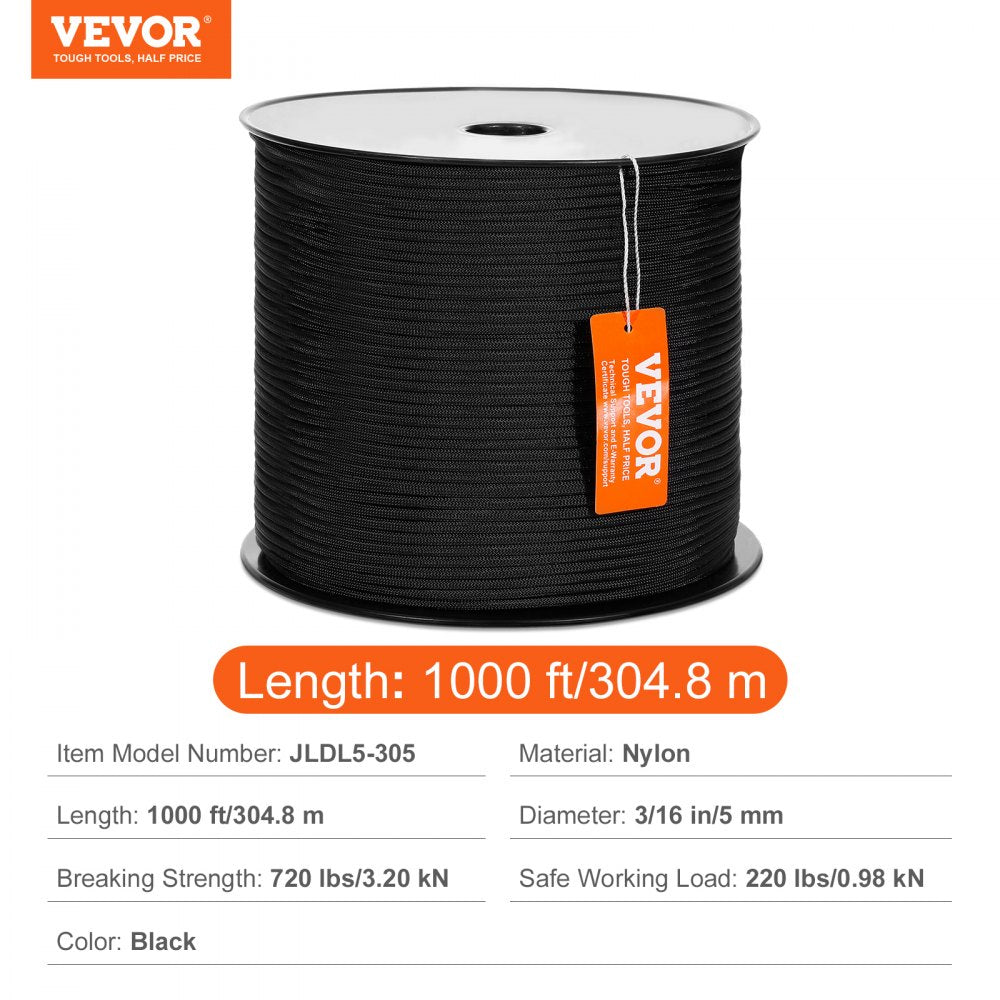 JLDL5-305 - 3/16" Braided Nylon Rope, 1000ft, 720lbs Strength