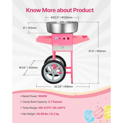 MHTJJPHCO1-S - 1000W Cotton Candy Machine with Cart and Candy Box