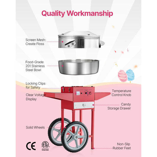 MHTJJPHCO1-S - High Output 1000W Cotton Candy Machine with Cart