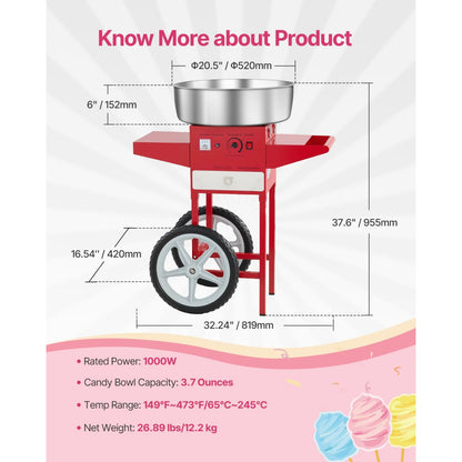 MHTJJPHCO1-S - 1000W Cotton Candy Maker with Large Bowl & Easy Operation