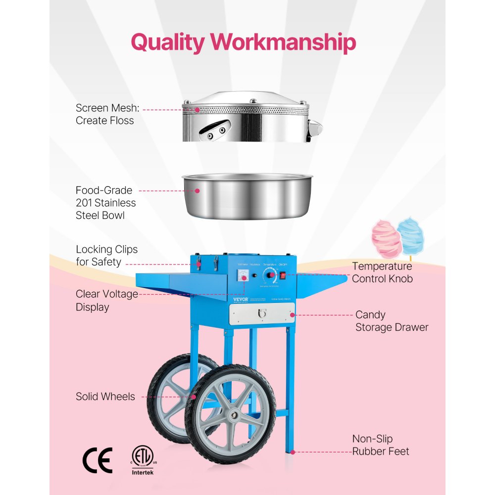 MHTJJPHCO1-S - 1000W Cotton Candy Maker with Large Bowl for Parties
