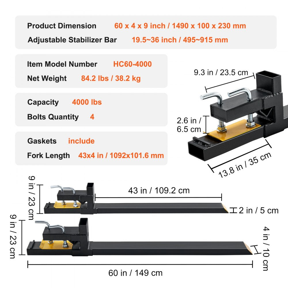 HC60-4000 - Heavy-Duty 4000 lbs Clamp-On Pallet Forks for Tractors