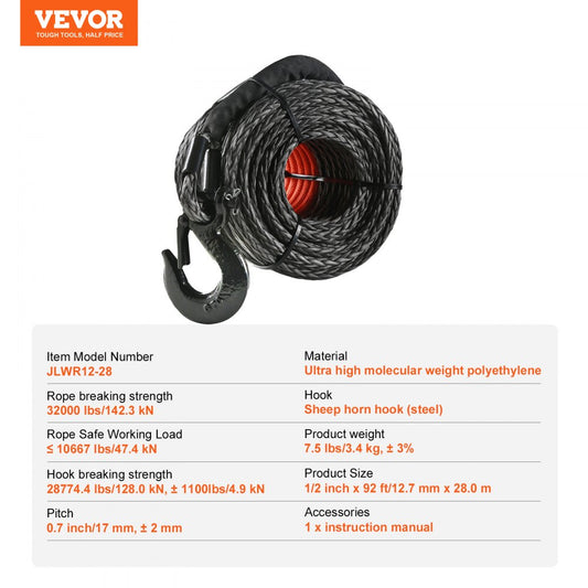 JLWR12-28 - Durable 1/2 Inch x 92 Feet Synthetic Winch Rope for Off-Road Use