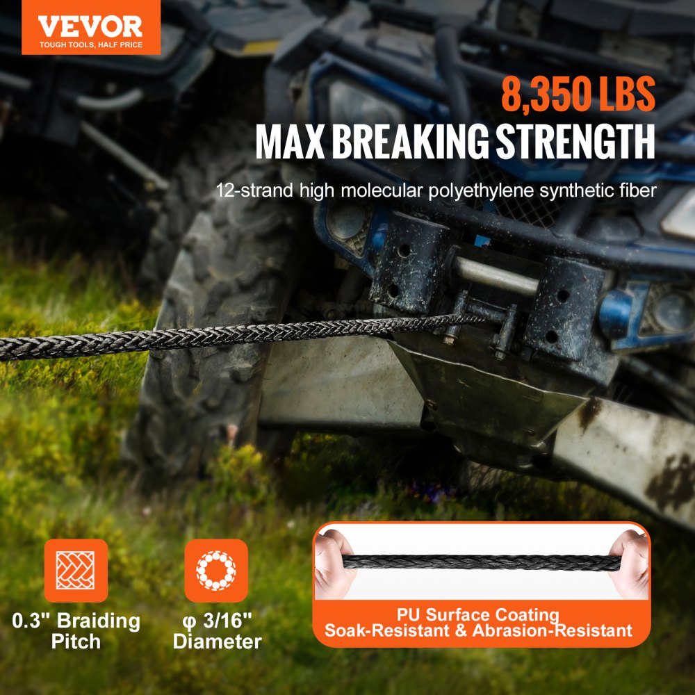 JLWR5-15 - Durable 12-Strand Synthetic Winch Rope, 8,350 lbs Capacity