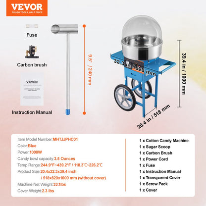 MHTJJPHC01 - 1000W Blue Cotton Candy Machine for Parties and Events