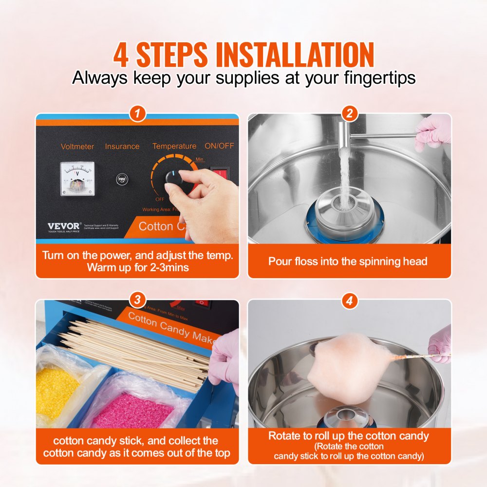 MHTJJPHC01 - 1000W Portable Cotton Candy Machine with Cart, 6 Cones/Minute