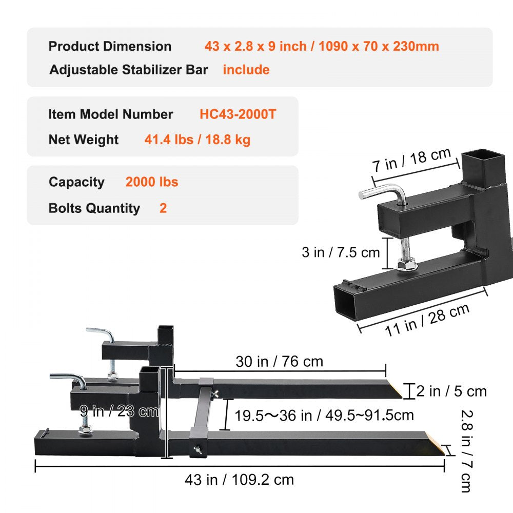 HC43-2000T - Heavy-Duty Clamp-On Pallet Forks with 2000 lbs Capacity