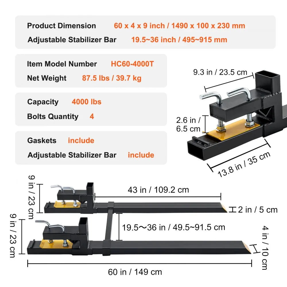 HC60-4000T - 60" Heavy-Duty Pallet Forks for 4000 lbs Capacity