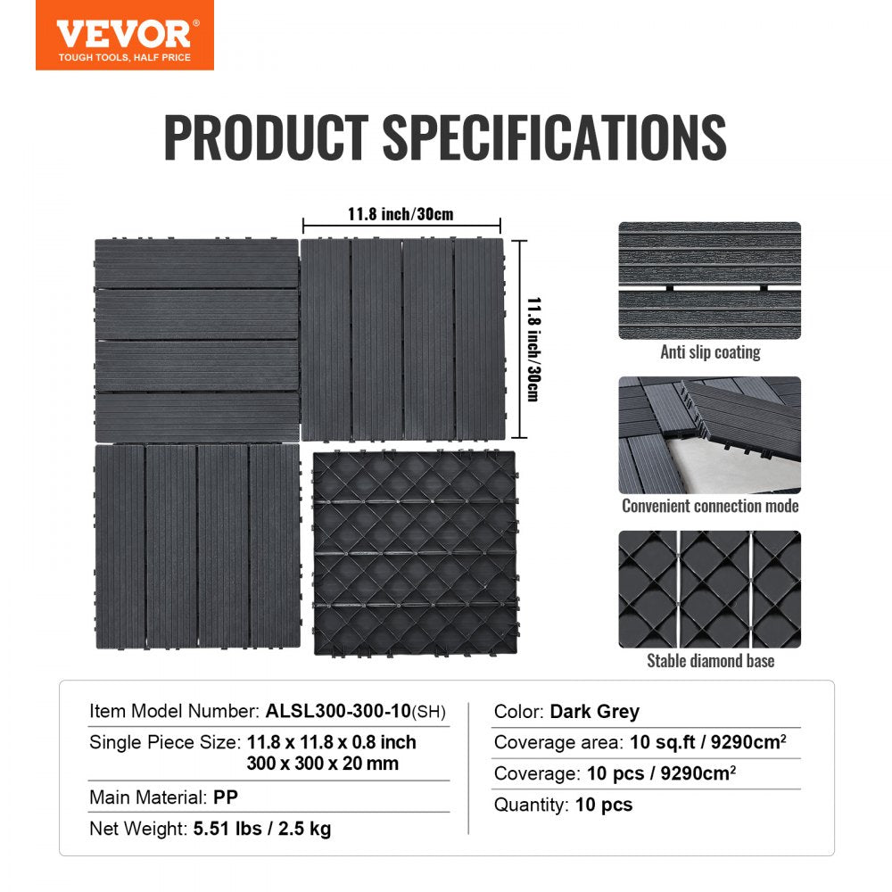 ALSL300-300-10(SH) - Waterproof 12" Dark Grey Interlocking Patio Floor Tiles