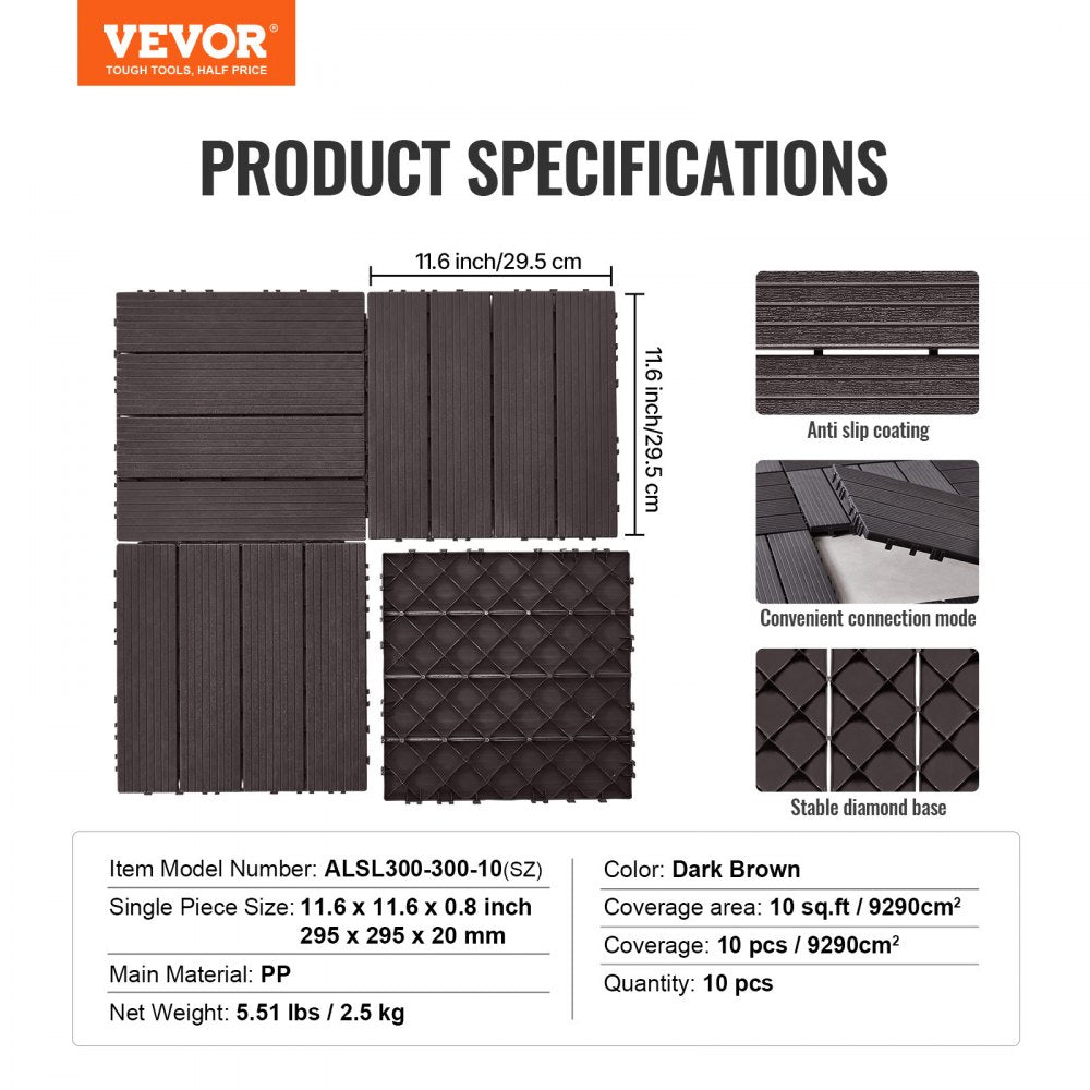 ALSL300-300-10(sz) - Dark Brown Waterproof Interlocking Deck Tiles, Easy Installation