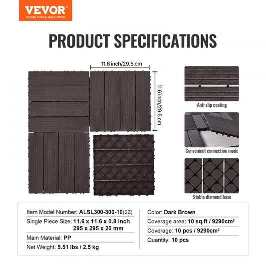 ALSL300-300-10(sz) - Dark Brown Waterproof Interlocking Deck Tiles, Easy Installation