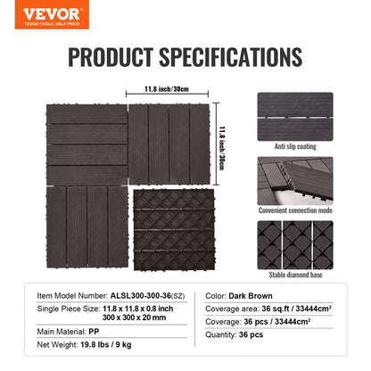 ALSL300-300-36(sz) - 12"x12" Waterproof Interlocking Deck Tiles - Dark Brown 36 Pack