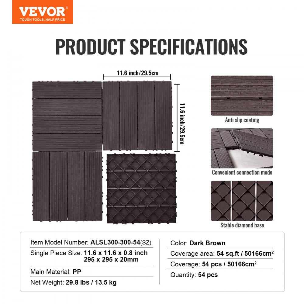 ALSL300-300-54(sz) - 11.6" Waterproof Interlocking Deck Tiles in Dark Brown