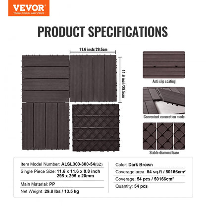 ALSL300-300-54(sz) - 11.6" Waterproof Interlocking Deck Tiles in Dark Brown