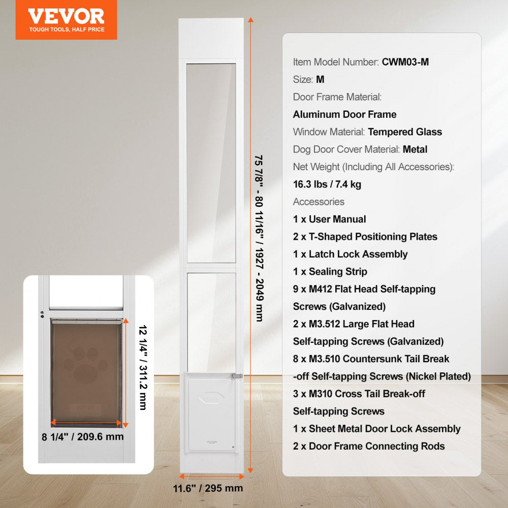 CWM03-M - Durable Dog Door for Sliding Glass, Adjustable 75 7/8" - 80 11/16"