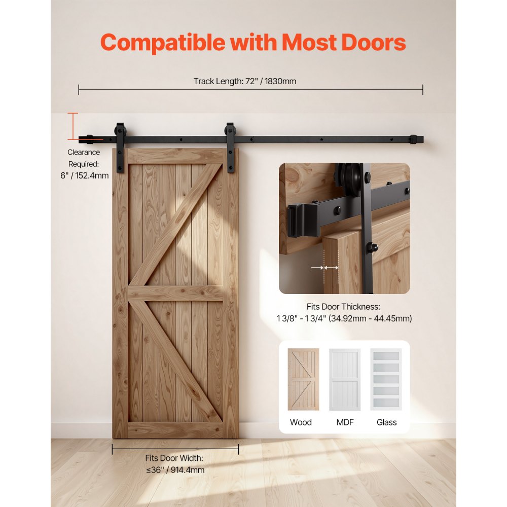 6FT-2D-5K-H - Heavy-Duty 6FT Barn Door Hardware Kit, Support 330 lbs