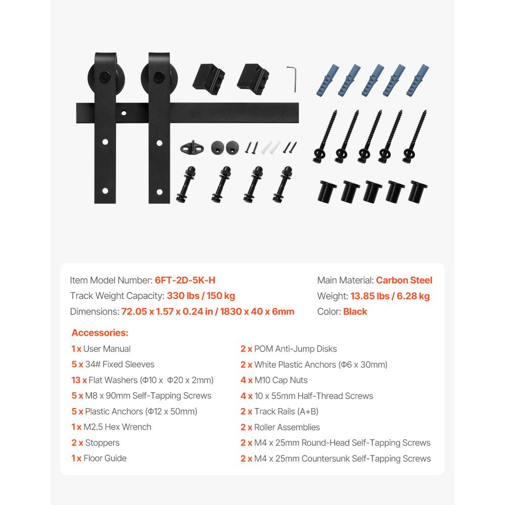 6FT-2D-5K-H - Heavy-Duty 6FT Barn Door Hardware Kit, Support 330 lbs