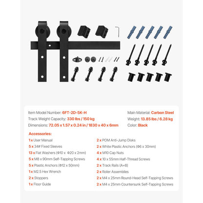 6FT-2D-5K-H - Heavy-Duty 6FT Barn Door Hardware Kit, Support 330 lbs