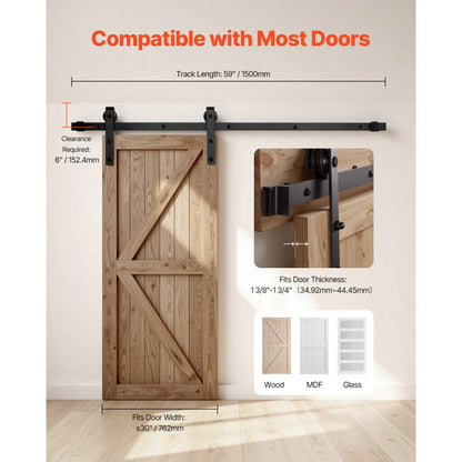 5FT-2D-5K-H - Heavy-Duty Sliding Barn Door Hardware Kit for Modern Spaces